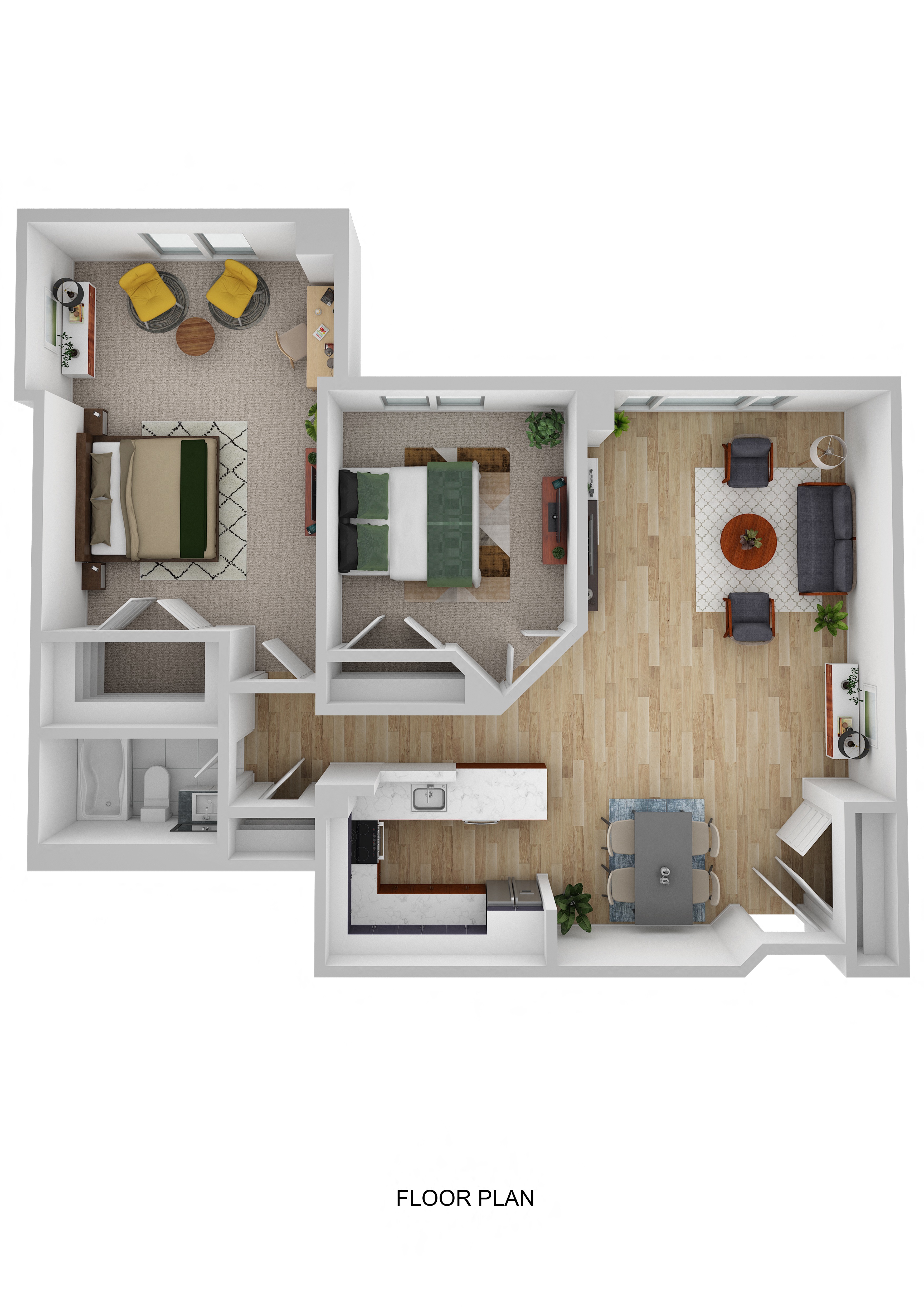 Floor plan for 2 beds, 1 bath, 1025 sqft